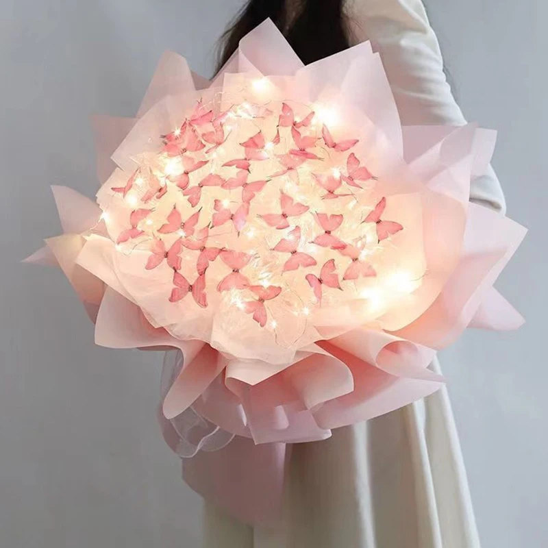 Handmade Butterfly Flower Material Package Bouquet with Light String Diy Butterfly Bouquets Wedding Decor Gift for Girlfriend