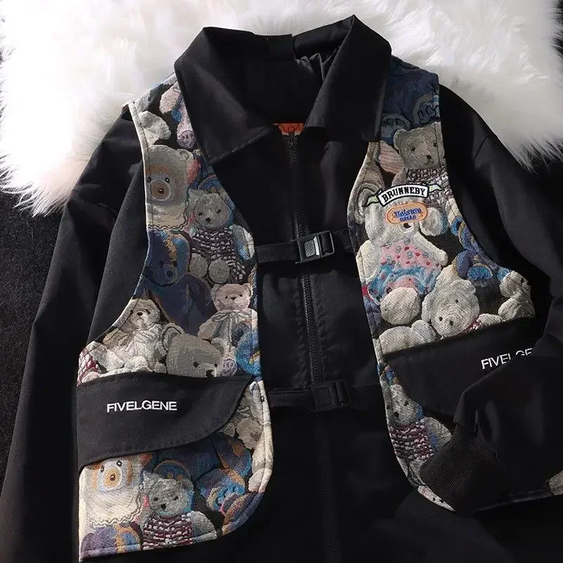 Fashion and Leisure Fake Two Cute Bear Sweater Vest Vest Men and Women Loose Oversize Lapel Single-breasted Vest Jacket Korean