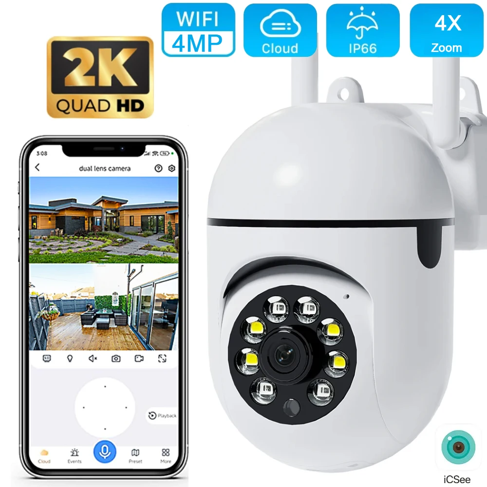 

2K HD 4MP Outdoor WiFi IP Camera Color Night Vision Ai Body Tracking 4X Zoom Digital Zoom Video Security Surveillance CCTV iCSee