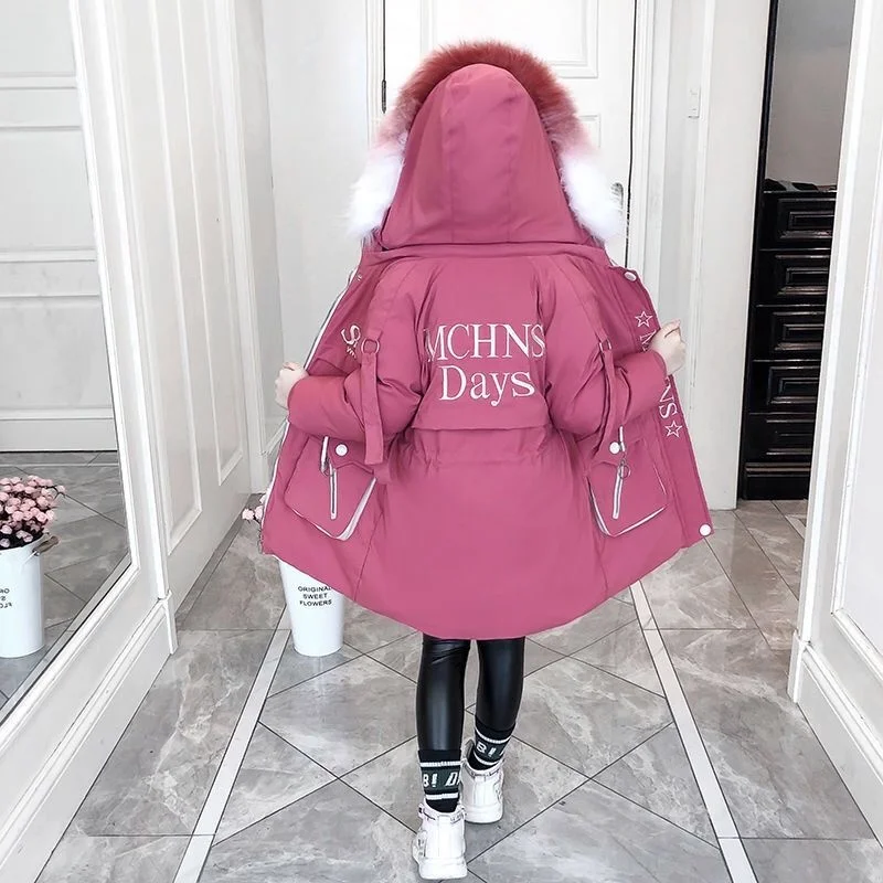 Parkas Winter Coat 5-16T 2023 New Fashion Big Fur Collar Hooded Warm Thick Padded Jackets Girls Cotton Jacket High Quality