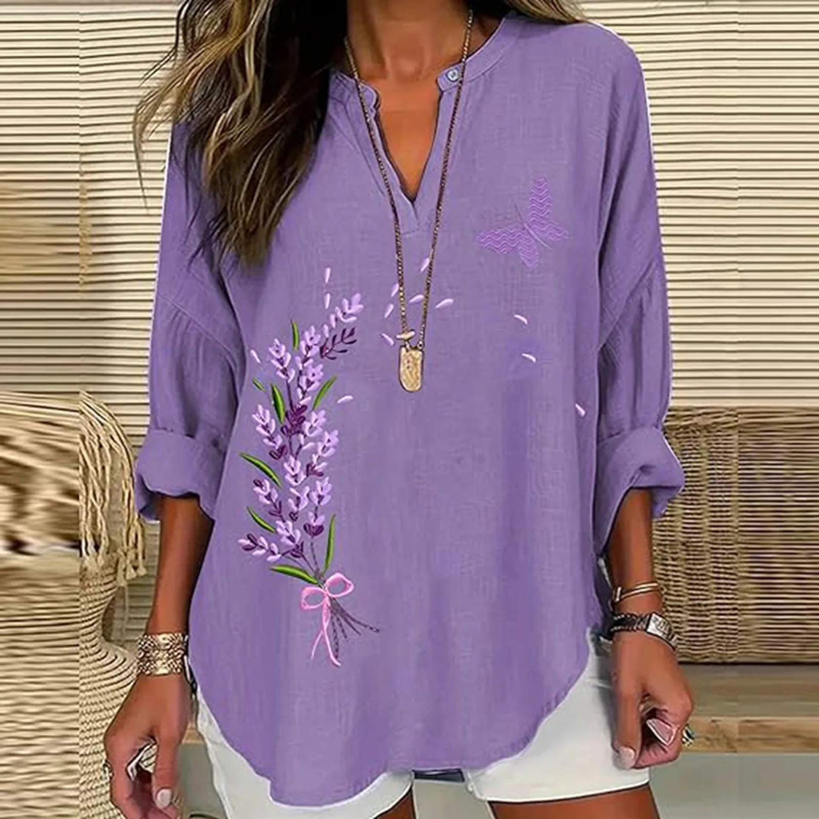 Summer Elegant Blouses For Women 2024 Women Casual Butterfly Purple Pansy Print Casual Long Blusas De Mujer 2024 Tendencia