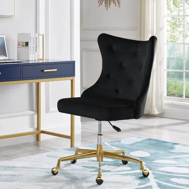 Upholstered Tufted Button Velvet Office Chair with Golden Metal Base,Adjustable Height Swivel Office Chair