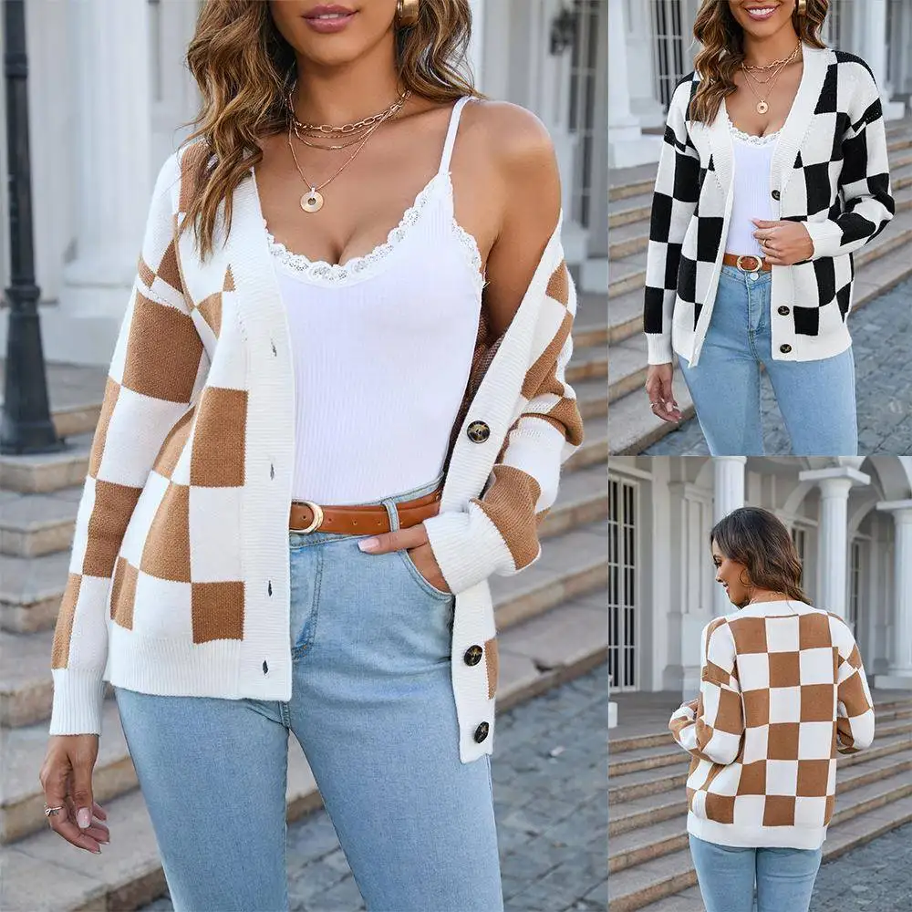 Trendy Plaid Knitted Sweater Large Size Patchwork Open Cardigan Women's Knitwear Spring 2025 Faion New Arrival Cross-Border