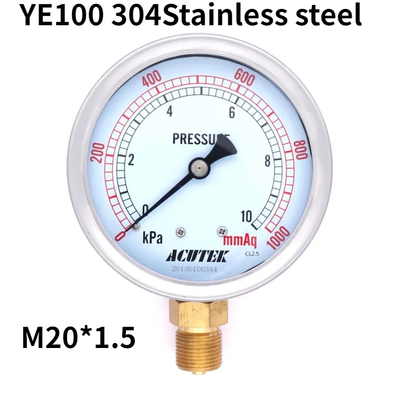 

YE100 10KPA M20*1.5 Capsule Pressure Gauge Natural Gas Meter Stainless Steel Housing Micro Pressure KPa mmAq meter