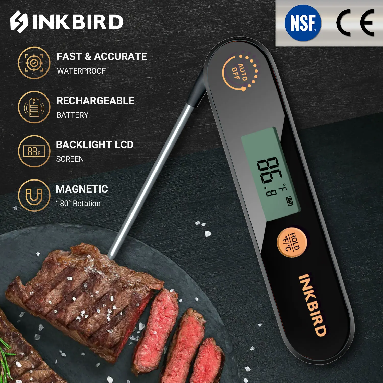 INKBIRD IHT-1X Термометр для мяса со складными зондами IPX5 Водонепроницаемый перезаряжаемый цифровой пищевой термометр для барбекю, глубокой жарки