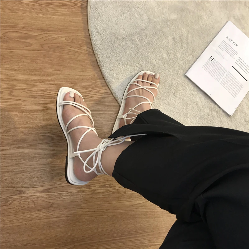 Sandals Women Summer New 2024 Beach Fashion Sexy Flat Casual Cross-Tie Open Toe Fairy Style Narrow Band Shoes Black Rome Sandals