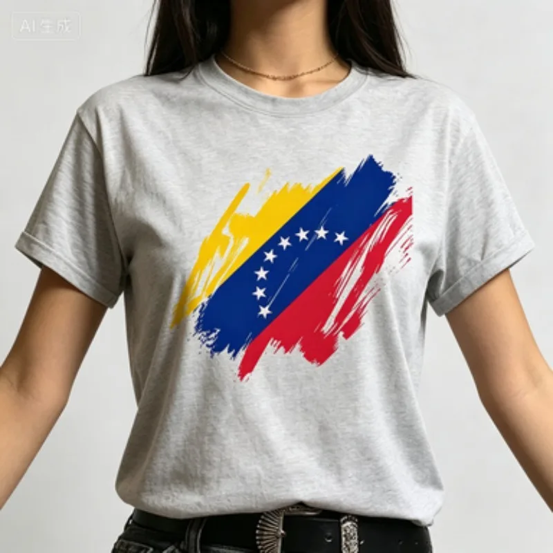 Women Cotton Crew‑neck Short‑sleeve T‑shirt Venezuela Brush‑Stroke Flag Patriotic Graphic Casual Summer  Streetwear Daily Tops