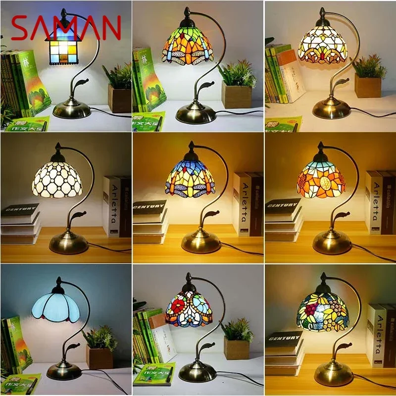 SAMAN Tiffany Table Lamp American Retro Living Room Bedroom Lamp Luxurious Villa Hotel  Stained Glass Desk Lamp