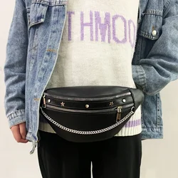 Punk Style Women's Waist Bag PU Leather Black Chest Bags Chain Banana Funny Pack Female Belt Bag Purse 1 Piece
