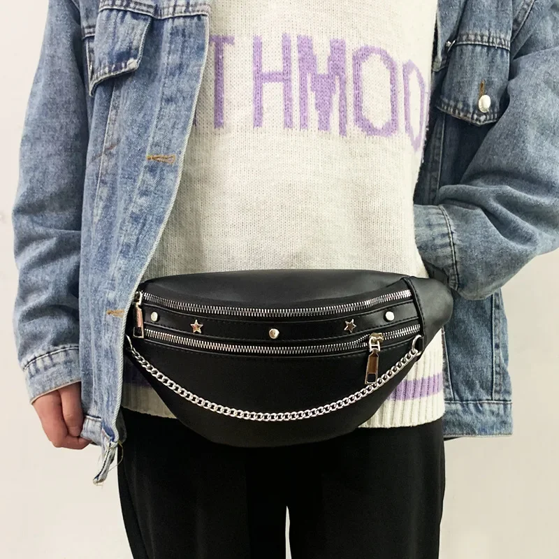 Punk Style Women's Waist Bag PU Leather Black Chest Bags Chain Banana Funny Pack Female Belt Bag Purse 1 Piece