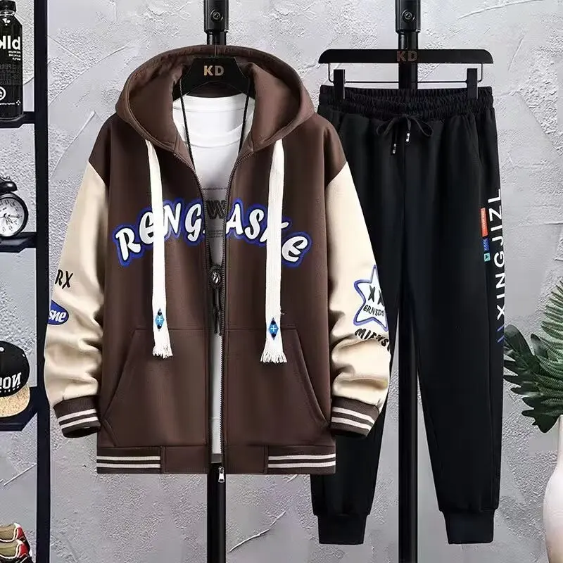 Sweatpants Set for Men Clothes Vintage Zip-Up Hoodie Tracksuit Men Korean Fashion Autumn Winter Sweatshirt Trousers Suits