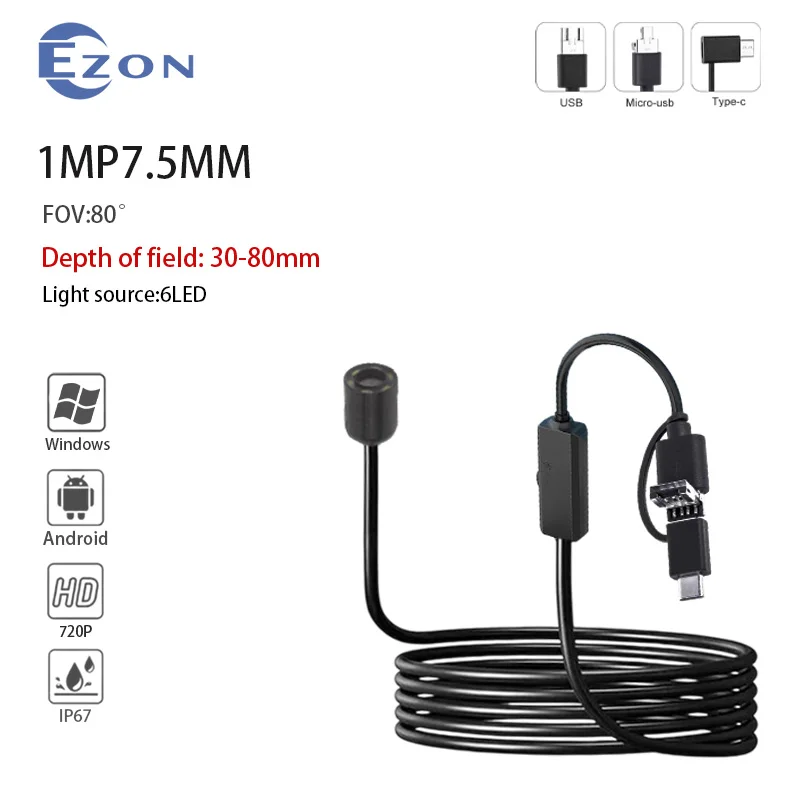 

1 МП 7,5 мм FOV 80 ° Промышленная эндоскопическая камера для проверки трубопровода 1,5 м USB Type-C Android Эндоскопическая камера 3-в-1