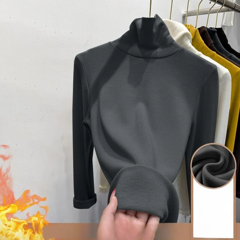 Winter-Damen-Top mit Stehkragen und dicker Samtbasis, langärmeliges T-Shirt für Frühling und Herbst, lässige Slim-Fit-High-Neck-warme Jacke
