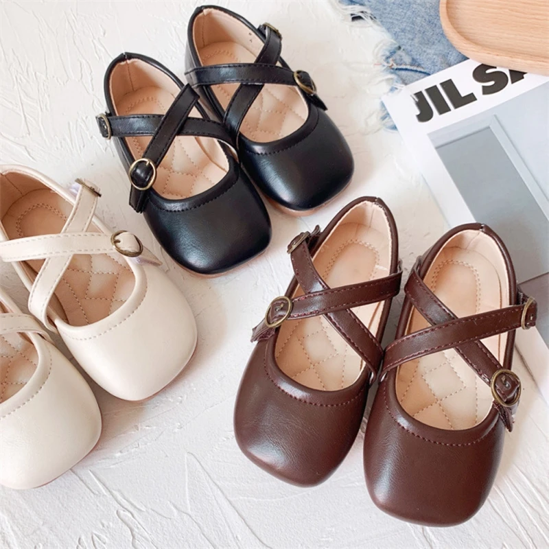 2024 New Girl Princess Flats Children Sweet Retro Shoes Casual Soft Sole Leather Shoes Spring Summer Waterproof Non-slip Flat