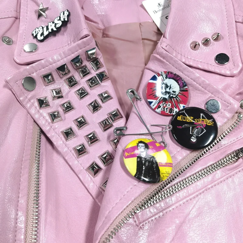 European American Original Handmade Punk Rock Rivet Leather Jacket Badge Pink Oblique Zipper Locomotive Leather Jacket Women