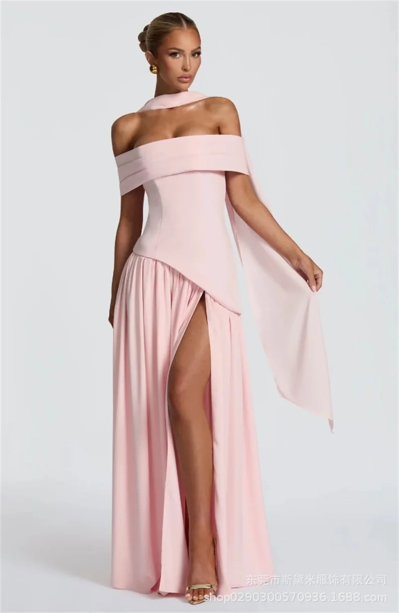 Pink Women Prom Dress With Scarf Sexy Off Shoulder Backless Long Party Gown Side Split Formal Birthday Red Carpet Robe
