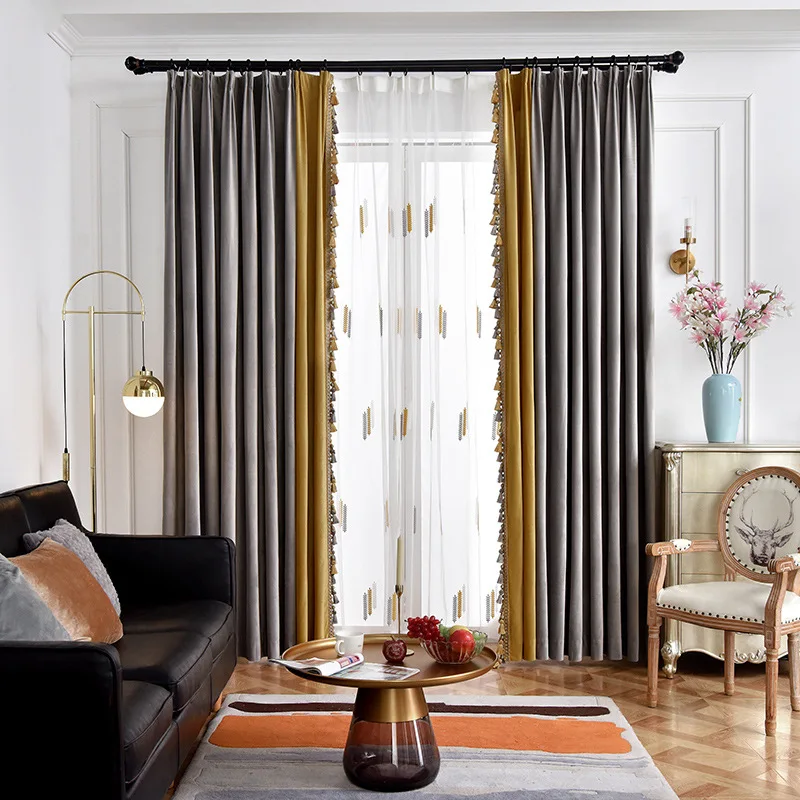 Curtains for Living Room Dining Bedroom Pure Color Stitching Curtain Velvet European  American Nordic Gray Golden Shade Velvet