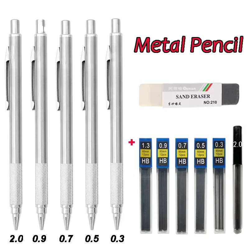 

0.3 0.5 0.7 0.9 1.3 2.0mm Metal Mechanical Pencil Set School Art Sketch Writing Stainless Steel Automatic Pencils Office Supply