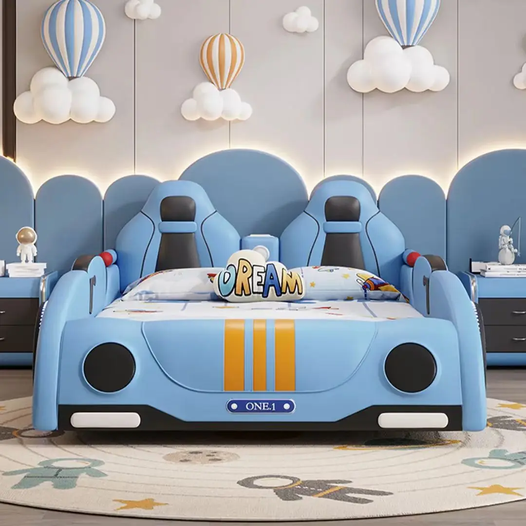 

！@2026 1.2m Twin Size Sports Car Bed Guardrail for Boys Creative Cartoon Leather Single 1.5m Kids' Bedroom Bed