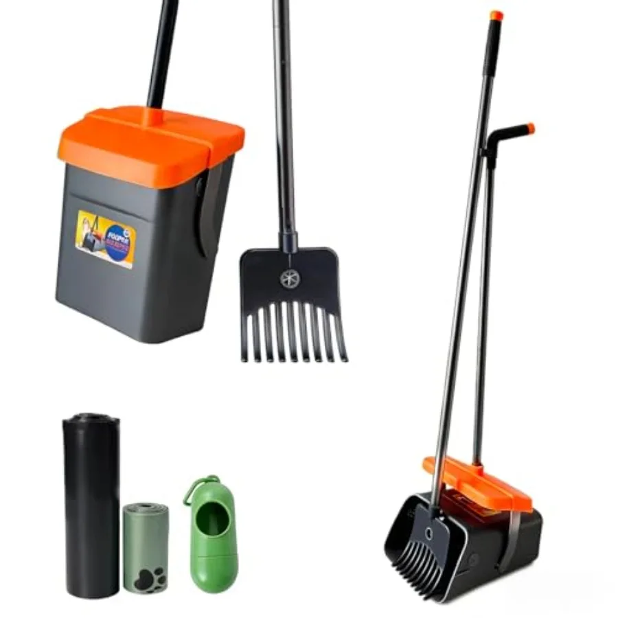 

46" Pooper Scooper Swivel Bin and Rake for Large Small Dogs with Bag Attachment, Long Handle Poop Scooper with Lid for Yard
