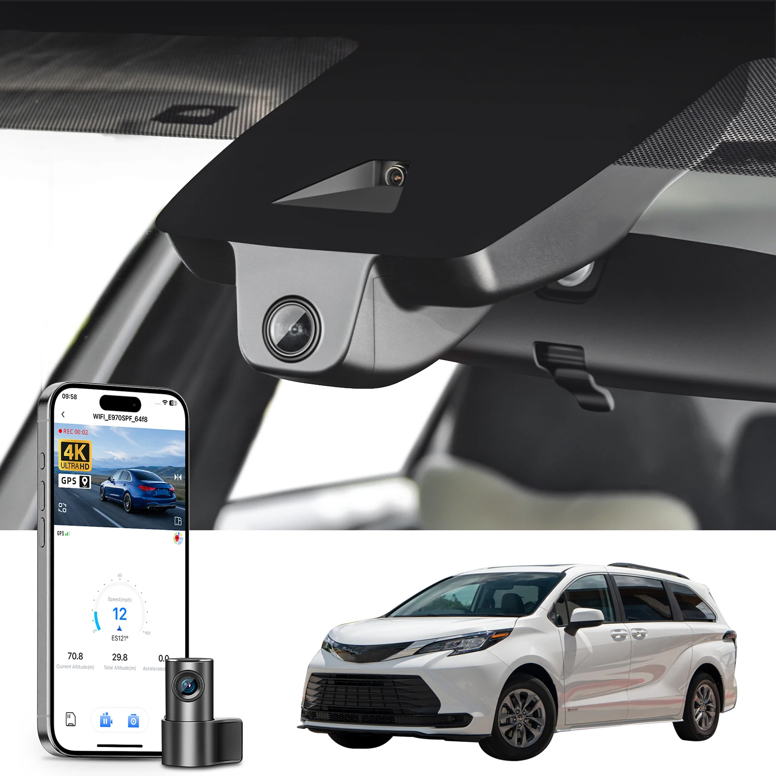 Câmera de Painel Dedicada Mangoal 4K para Toyota Sienna (2021-2026) com WiFi, APP, GPS e Visão Noturna HD