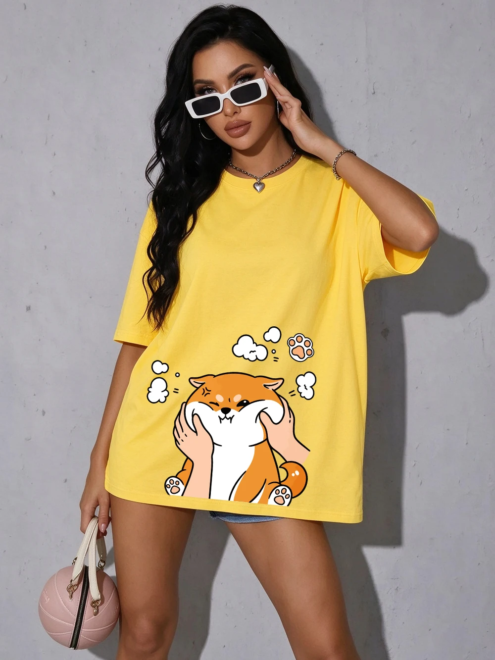 Squish Cheek Shiba Inu Printed Cotton T-Shirts Womens Summer Oversized Tops Casual O-Neck Short Sleeve Tees Basic Soft Clothes