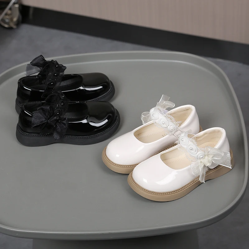 

Girls Leather Flats Glossy Bow Fashion Soft Sole Kids Princess Shoes Korean Style Children Flats Shoes Black Performance Shoes
