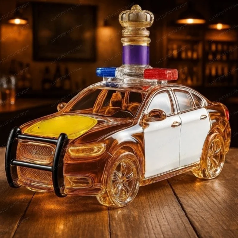 JMZ Police Car Shaped Whiskey Decanter Set – 700ml Glass Bottle for Men, Home Bar Decor & Standard Spirits Gift