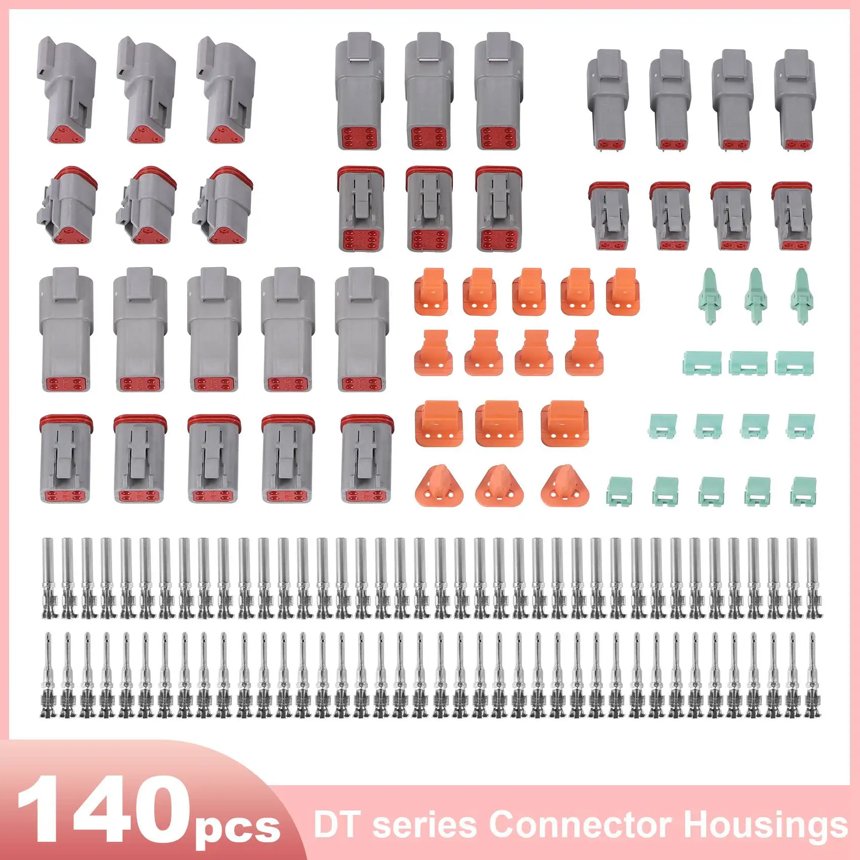 140Pcs Deutsch DT Series Waterproof Wire Connector Kit DT06-2/3/4/6S DT04-2/3/4/6P Automotive Sealed Plug with Pins Box