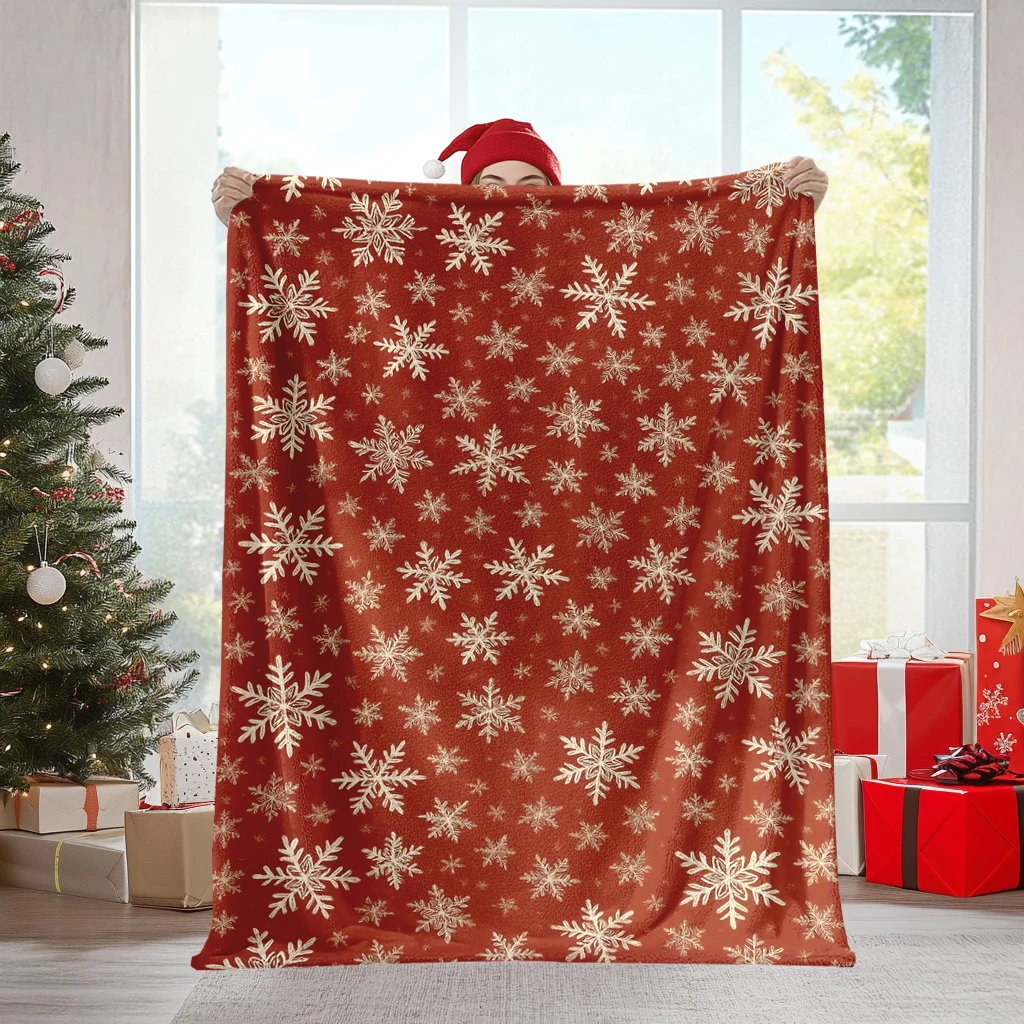Red Background Gold Snowflake Full Print Christmas Holiday Soft Cozy Throw Blanket for Sofa Bed Seasonal Glow