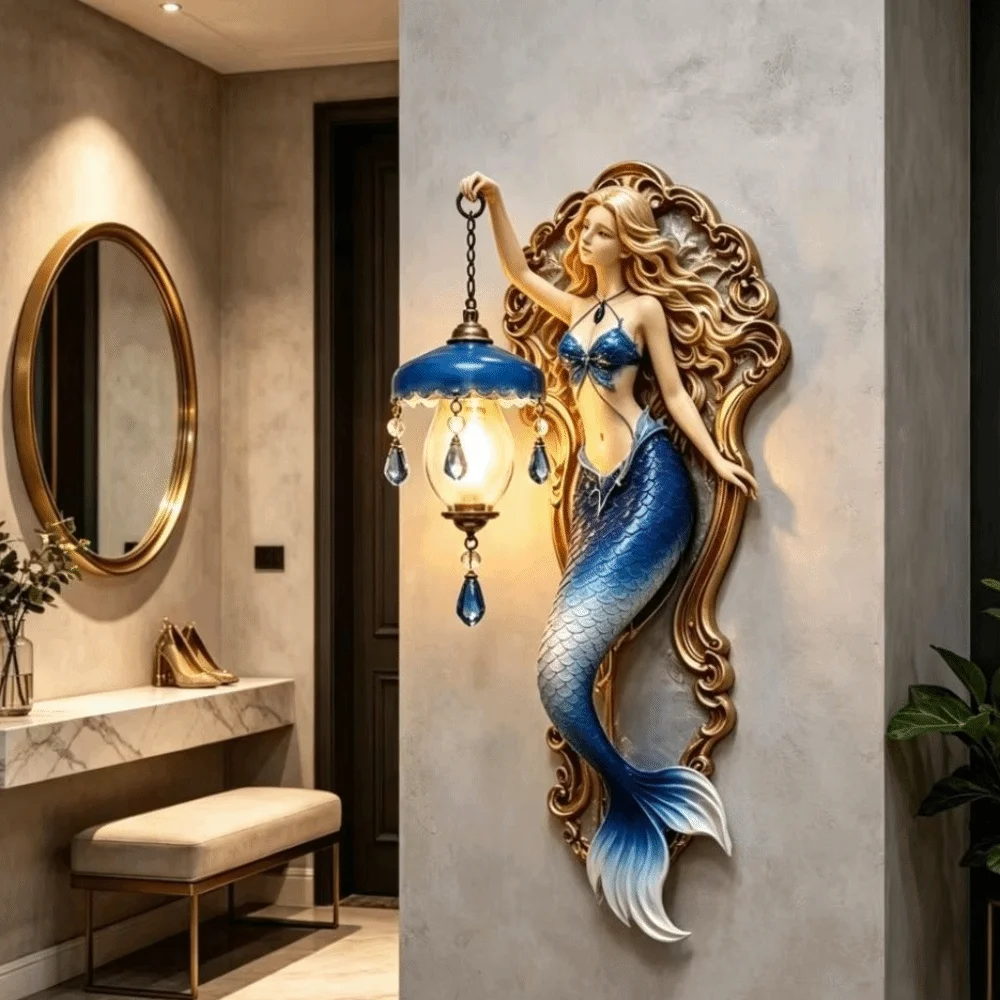 Resin Material Mermaid Wall Lamp Crystal Pendant Soft Ambient Light Resin Wall Lamp Mermaid Design Ocean Style