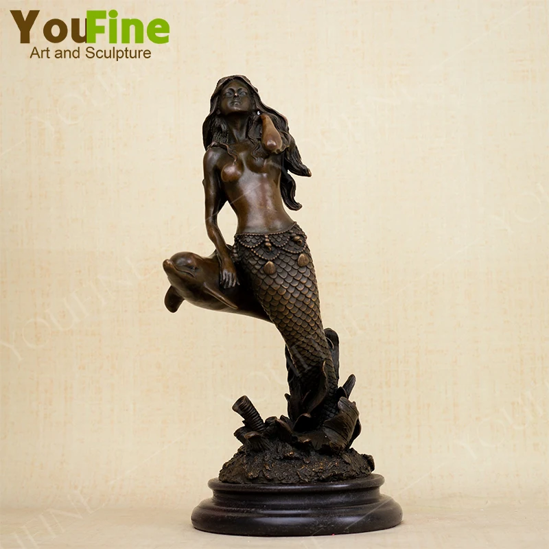 Bronze Mermaid with Dolphins Sculpture Mermaids Statues and Sculptures Beautiful Bronze Art Crafts For Home Decor Ornament Gifts