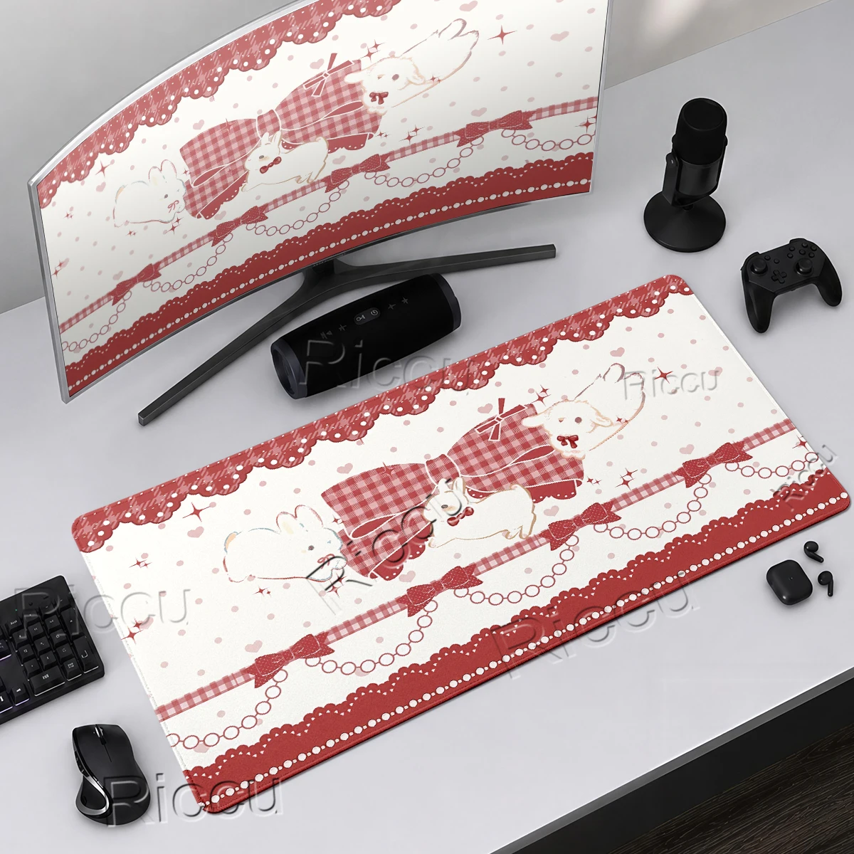 Red White Mousepad Computer Tablemat Cute Rabbit Mouse Pad Keyboard Pc Accessories Red Apple Office Large Desk Mat XXL HD Carpet