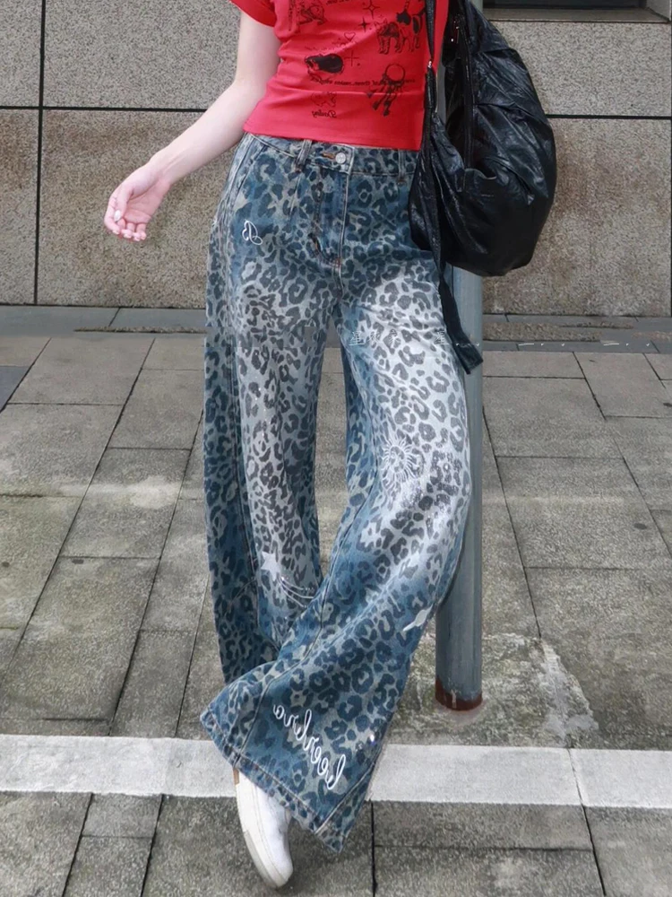 

Baggy Wide Leg Jeans Women High Waisted Retro Leopard Print Straight Jeans High Street Streetwear Y2k Vintage Denim Trousers