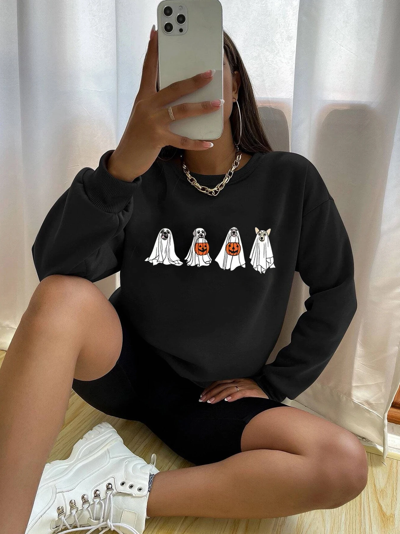 Creative Troublemaker Left Chest Print Round Neck Sweatshirt Women Thin Hooded Sweatshirt Y2K High Street Halloween Clothing