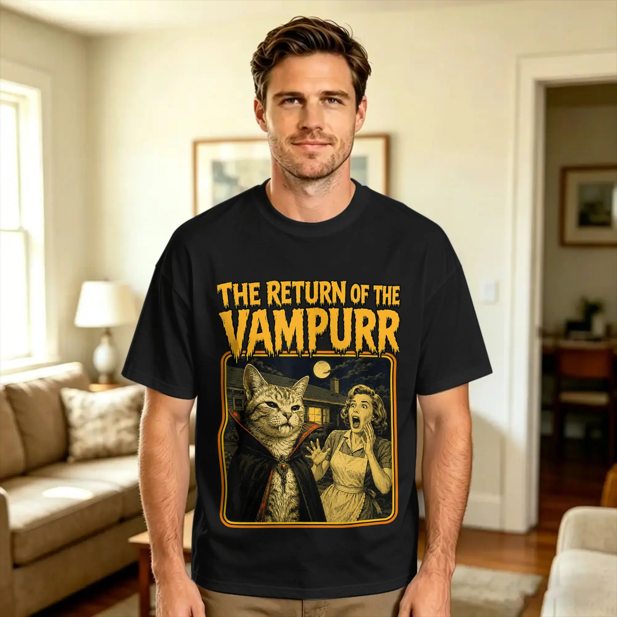 Vintage The Return of the Vampurr Halloween Vampire Cat T-Shirt Men  Y2K Casual T-Shirts Beach O Neck Leisure Tees Oversized