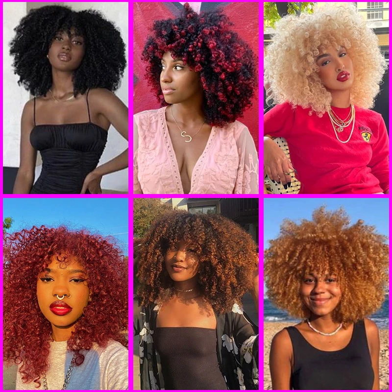 10 Inch Kinky Curly Wig with Bangs for Black Women Burgundy Short Afro Curly Wigs Ombre Natural Synthetic Bomb Curly Wig Cosplay