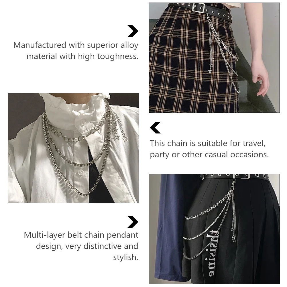 

1 pc Multi-Layer Alloy Star Waist Chain Silver For Unisex Jeans Trousers Decoration Trendy Punk-Style Belt Hip-Hop Skirt