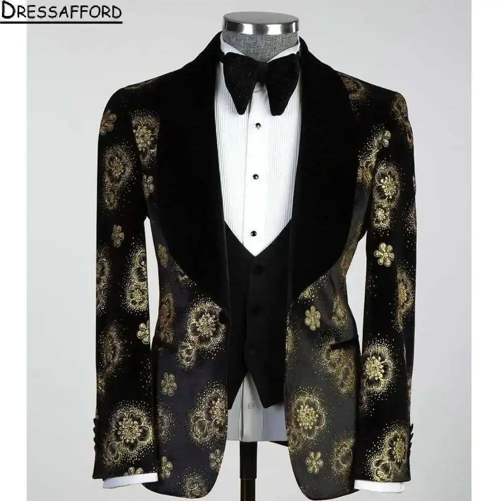 Black Floral Print Men Suits Formal Evening Party Two Pieces Groom Wear Jacket + Pants