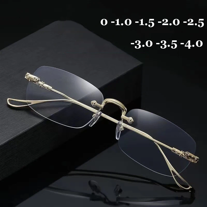 Diamond Cutting Myopia Glasses Women Men Luxury Frameless Computer Near Sight Eyeglasses Optical Prescription Eyewear Diopter