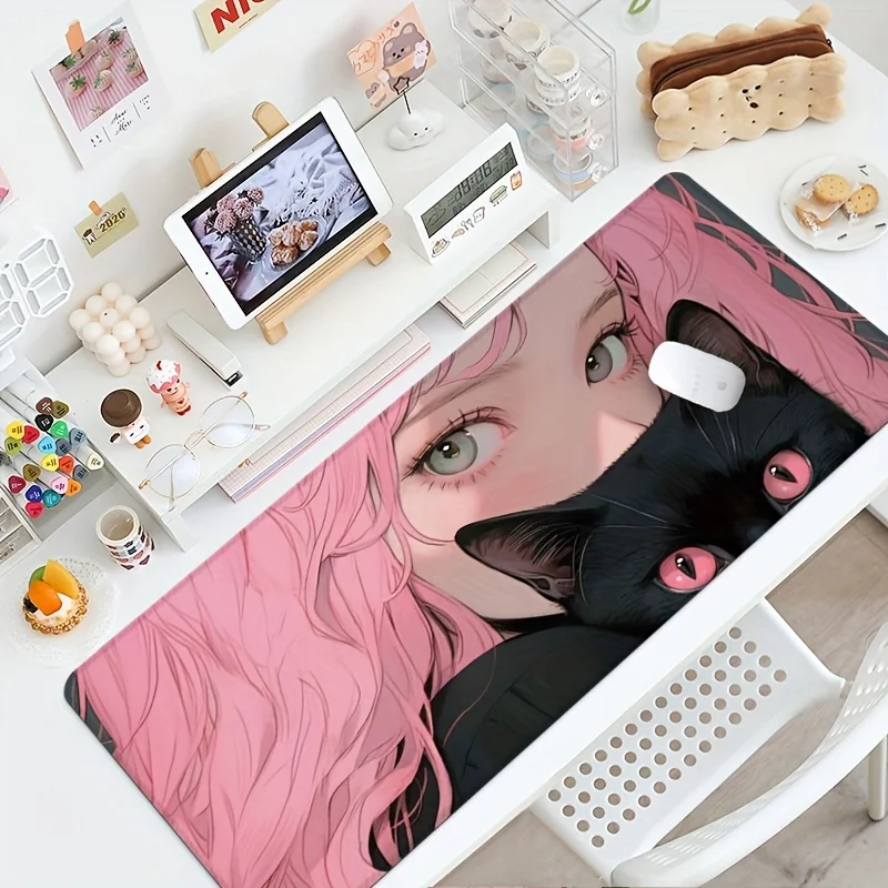 

Pink Hair Girl & Black Cat Design Mouse Pad Rubber non-slip Desk Mat High quality material gaming mat mousepad with lock edge