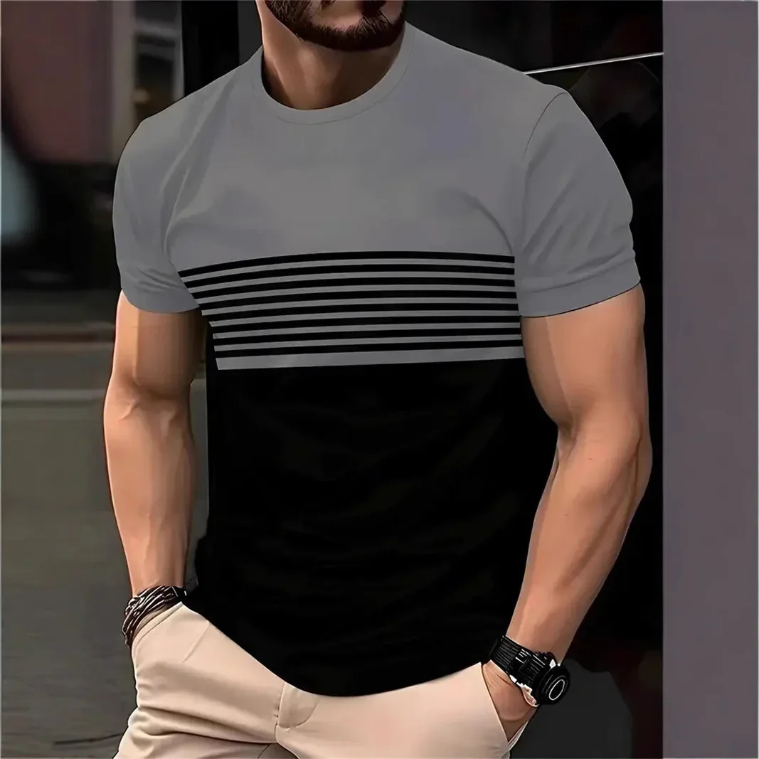 

2025 Men's Crew O-collar 3D Printed T-shirt, Summer Street Men's Striped Print Short-sleeved T-shirt, Casual Daily Men's T-shirt