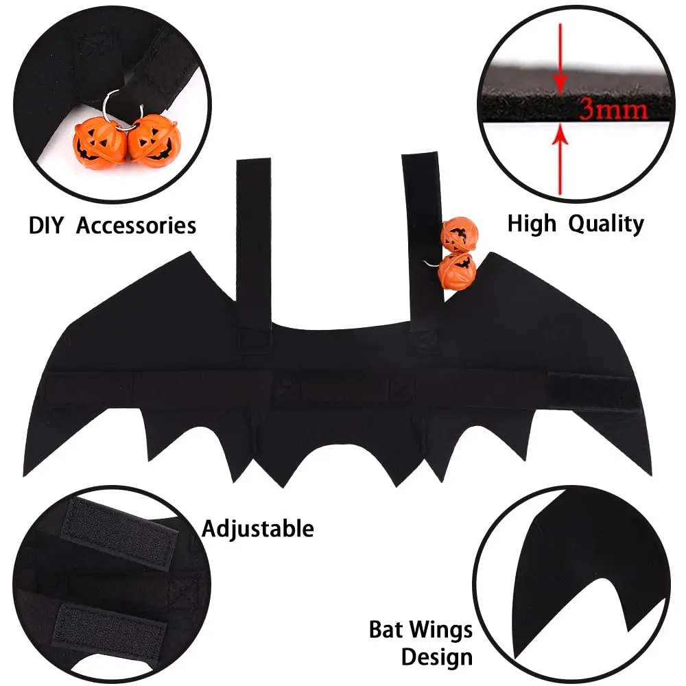 Halloween Cat Bat Wings Pet Costume with Pumpkin Bells for Halloween Party Decorations Cute Puppy Dog and Cat Collar Bat Wings