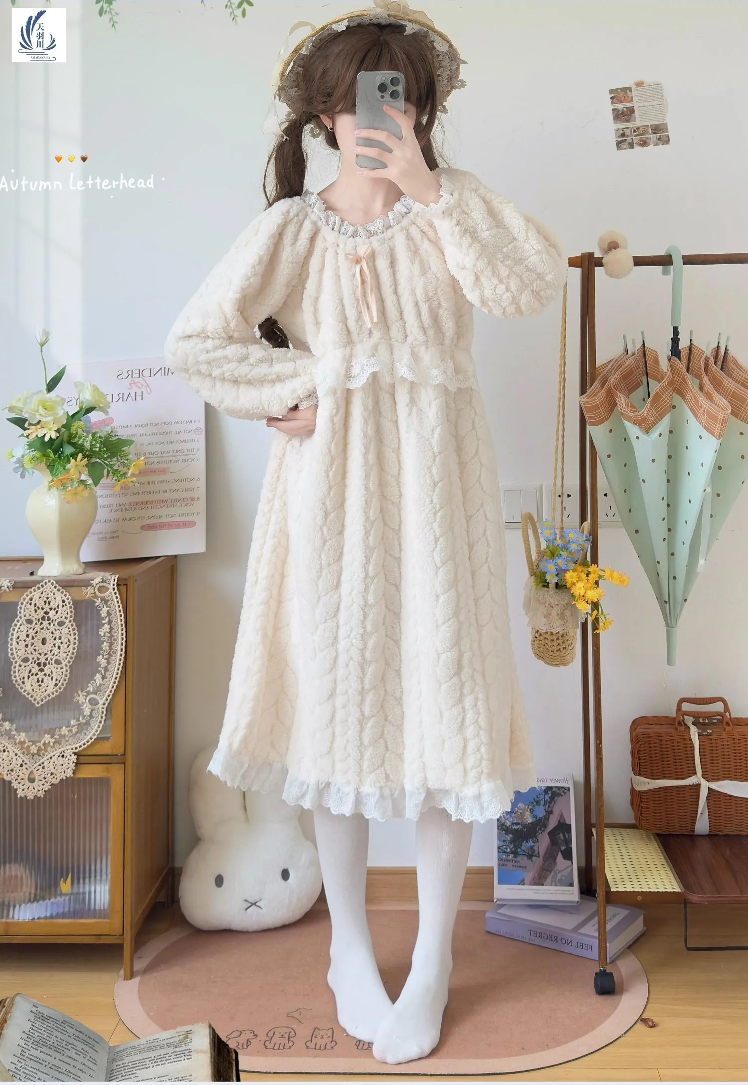 Victorian Princess Nightgown Long‑sleeve Coral Fleece Lace Ruffle Midi Fall Warm Loose Wear‑outside Loungewear Sleep Dress