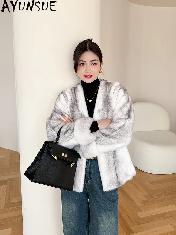 AYUNSUE 2025 Prawdziwe Futro z Norki Kurtki Damskie Całe Futro z Norki Dekolt w Serek Zimowa Kurtka Damska Luksusowa Kurtka Futrzana Abrigo Mujer