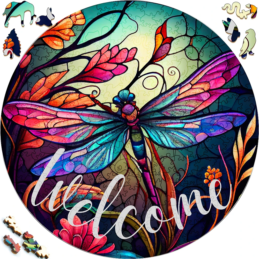 

Beautifully Wooden Puzzles Dragonfly Art Decoration Irregular Shape Puzzle Board Set Decompression Puzzle Toys for Adults Family