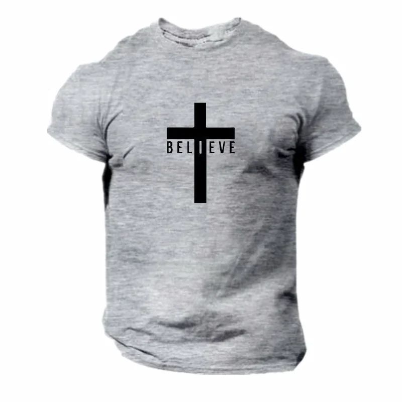 Men\'s Fashion I Believe in God Cross Christian 3D Printing T-Shirt Casual Round Neck Jesus Short Sleeve T-Shirts Quick Dry Cloth