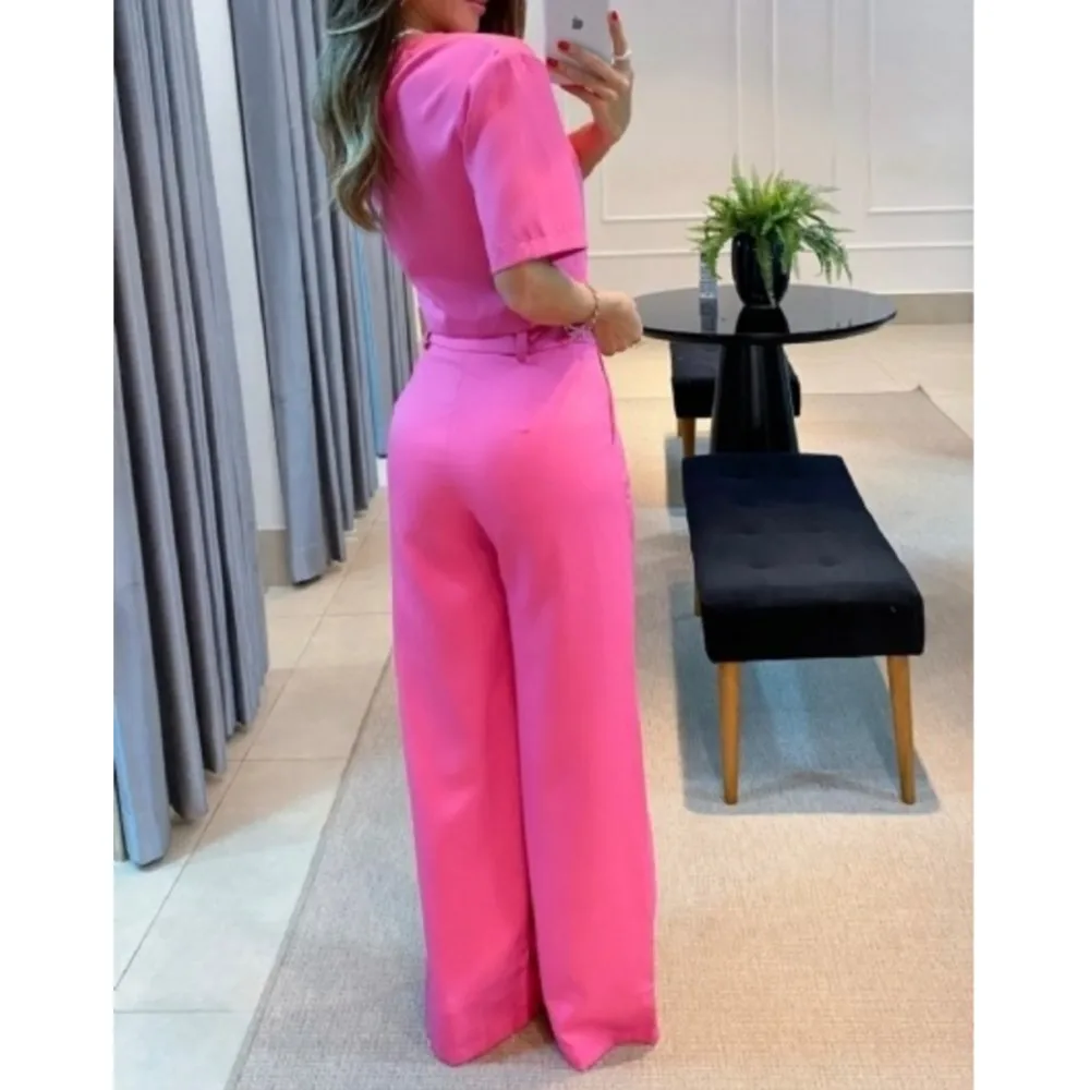 New Women's Solid Color Round Neck Short Sleeved Top Wide Leg Pants Casual Set 2025 Spring/summer Shirt And Pants Two-piece Set