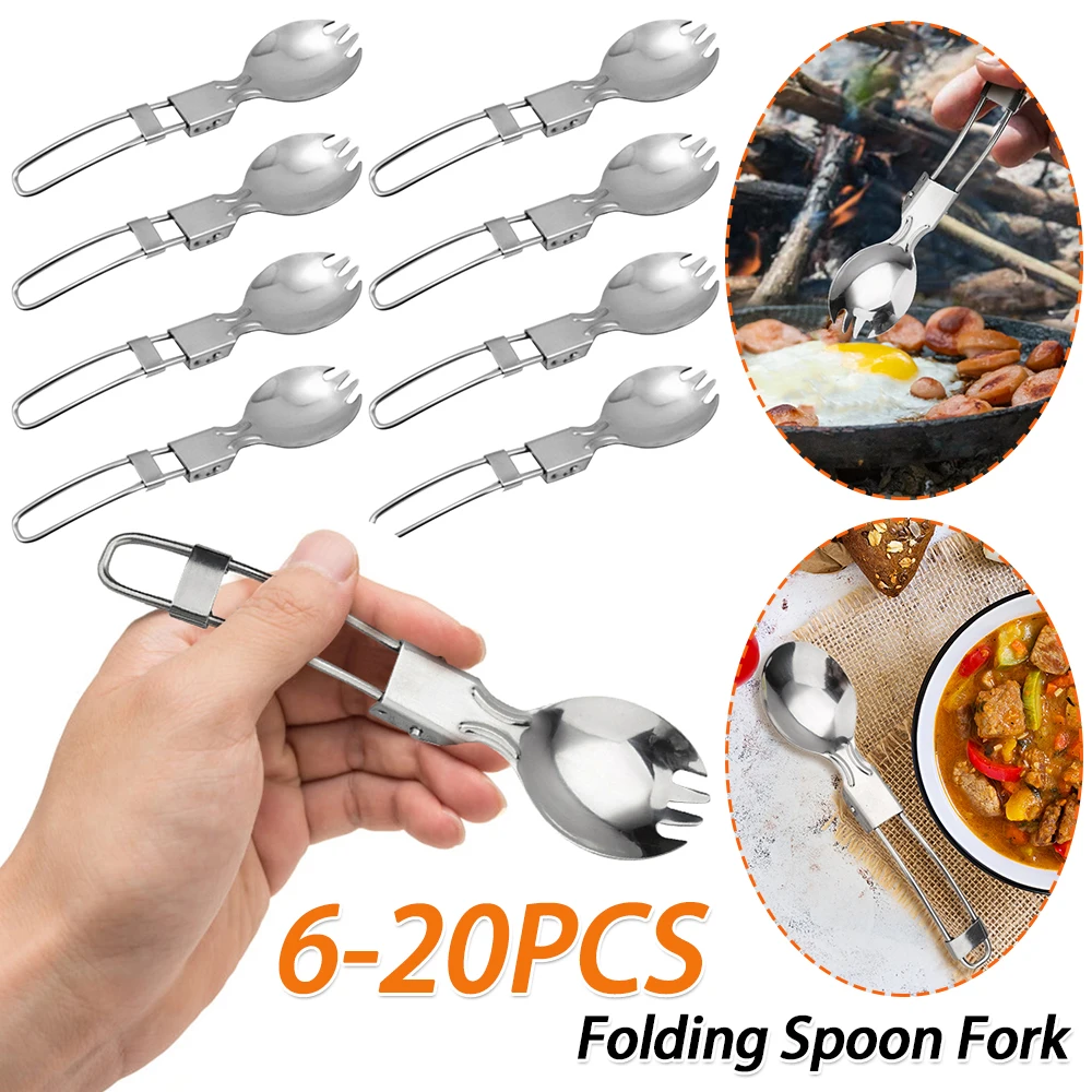 

6-20PCS Stainless Steel Foldable Spoon Fork Reusable Spork Fork and Spoon 2 in 1 Flatware for Camping Hiking Picnic Backpacking