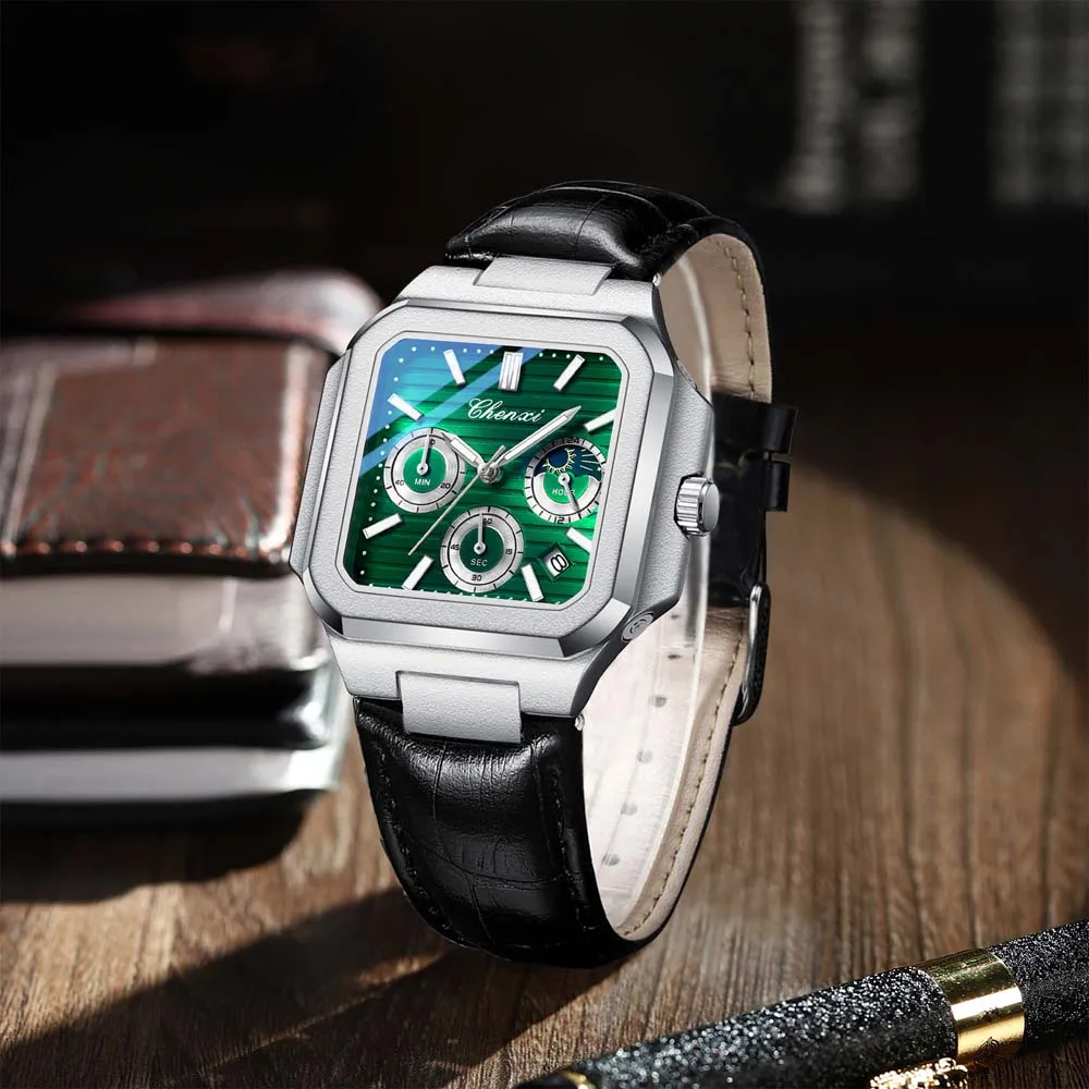 CHENXI 966 Luxury Quartz Steel Strip Men's Watch Waterproof Luminous Chronograph Calendar Square Watches for Men Reloj Hombre